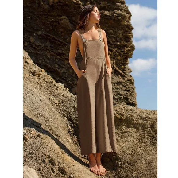 Linen Blend Casual Mocha Brown Overalls Pockets Jumpsuit Wide Leg - Picture 3 of 7